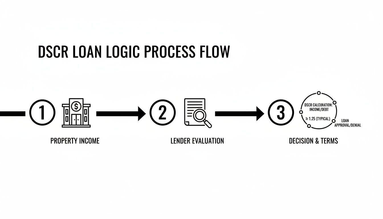 DSCR loan logic process flow diagram showing steps: property income, lender evaluation, and decision.