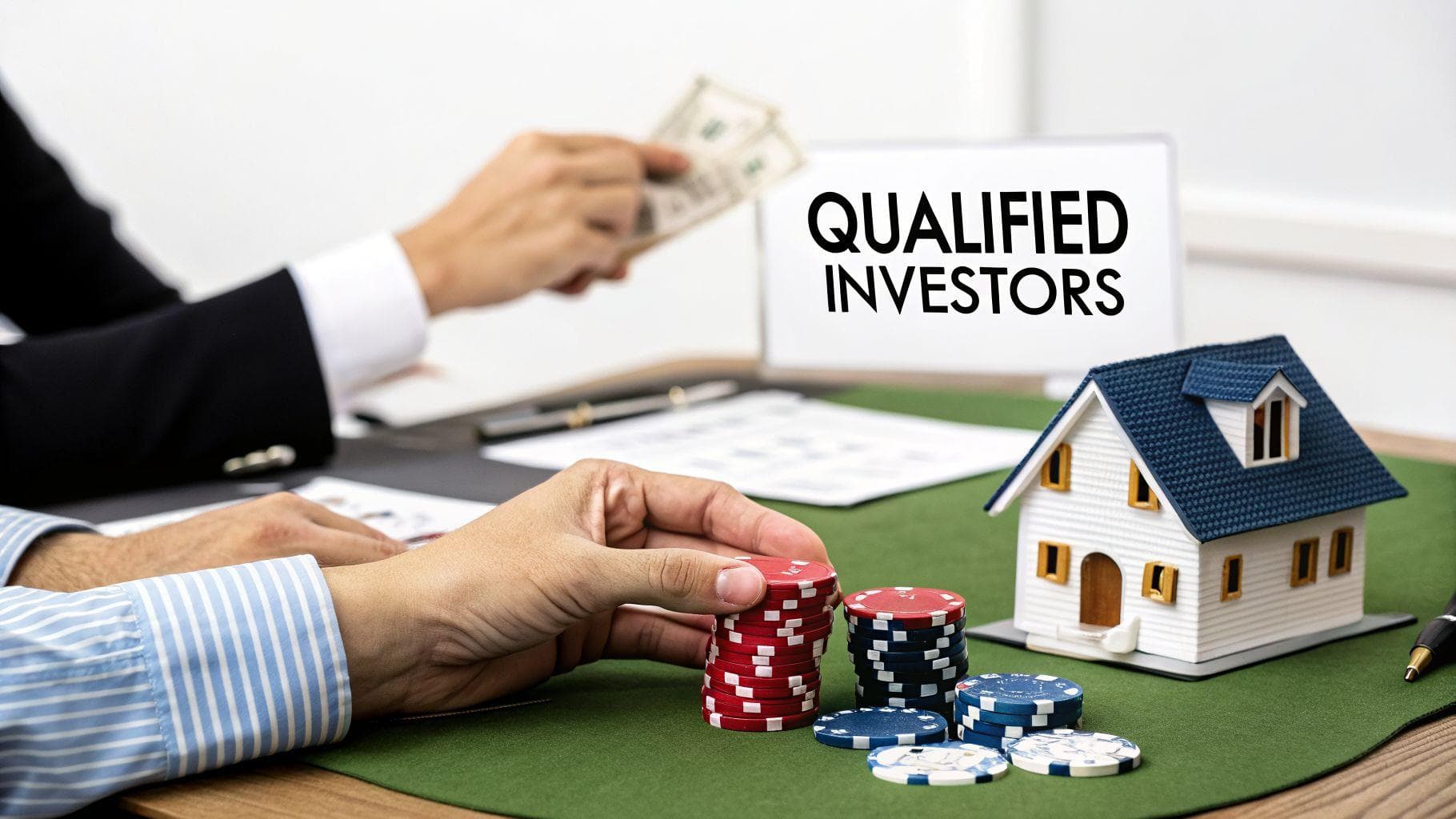 Two people discuss investments, money, and real estate, with a 'QUALIFIED INVESTORS' sign.