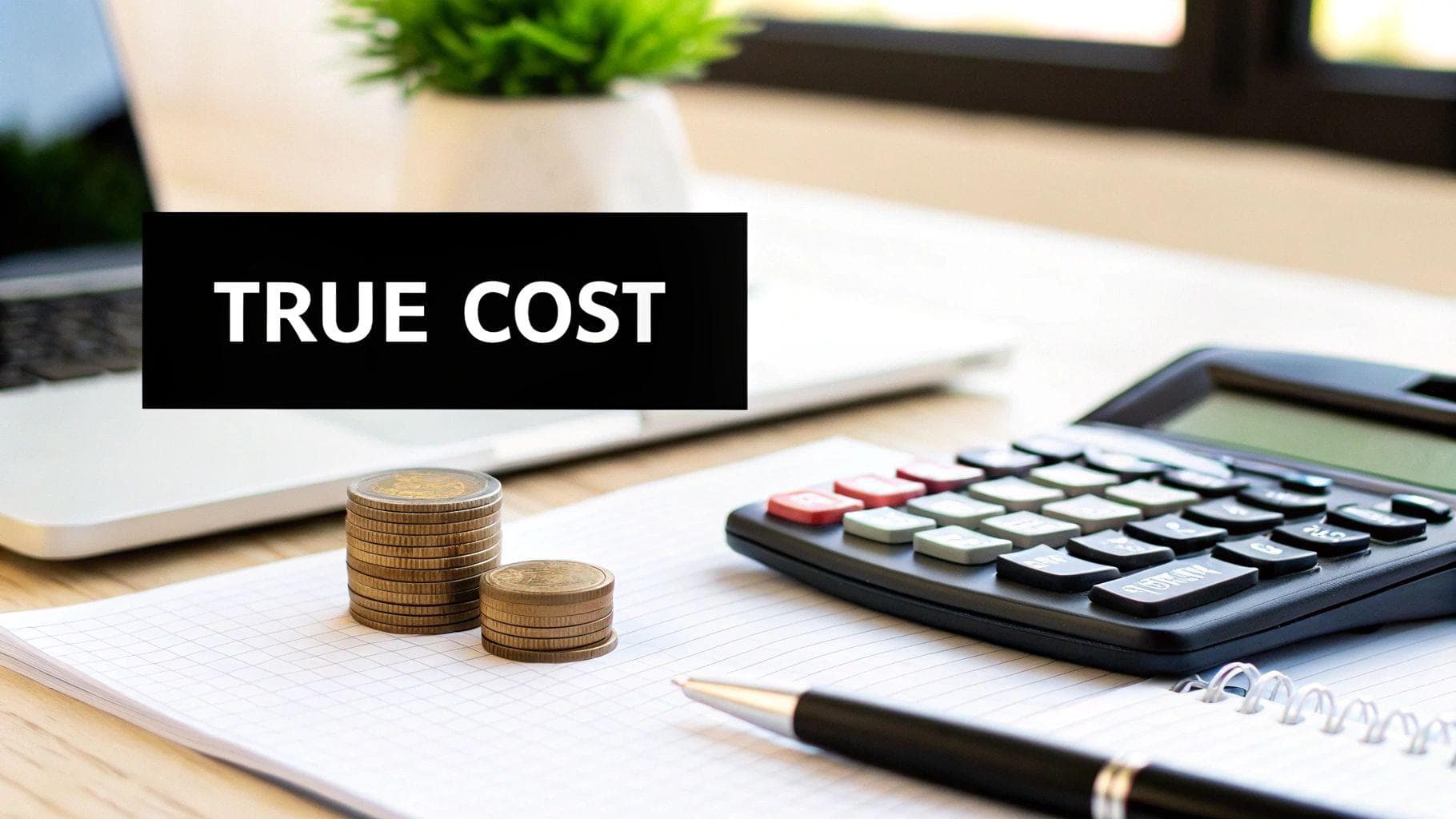 A desk with a calculator, stacks of coins, a notepad, and text 'TRUE COST' on a black box.