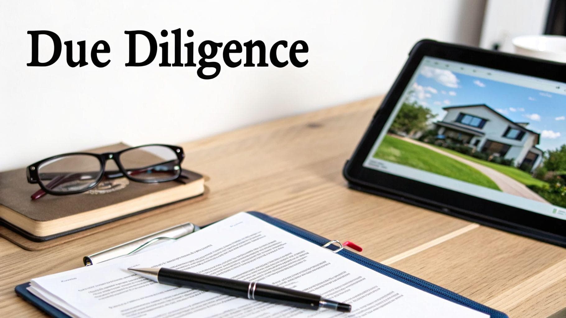 A desk with 'Due Diligence' text, glasses, documents, a pen, and a tablet showing a house.