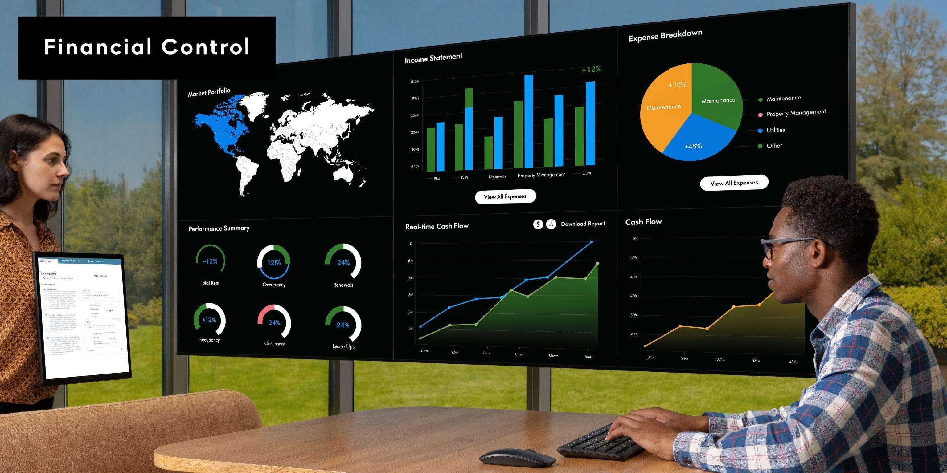 A professional team reviewing real estate financial analytics on a large wall-mounted data dashboard in an office.