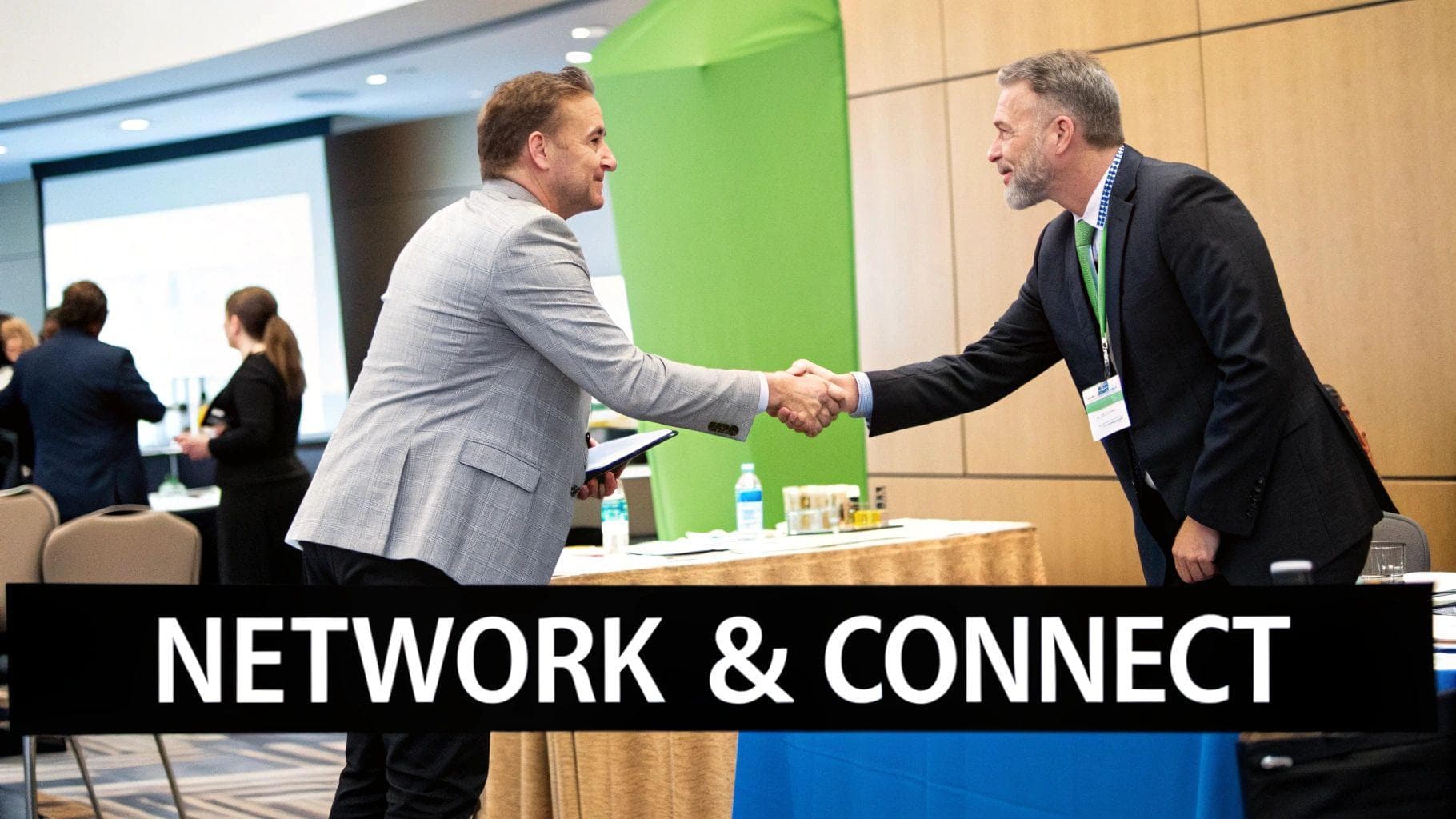 A professional networking event with diverse individuals engaged in conversation, highlighting opportunities to meet real estate investors.