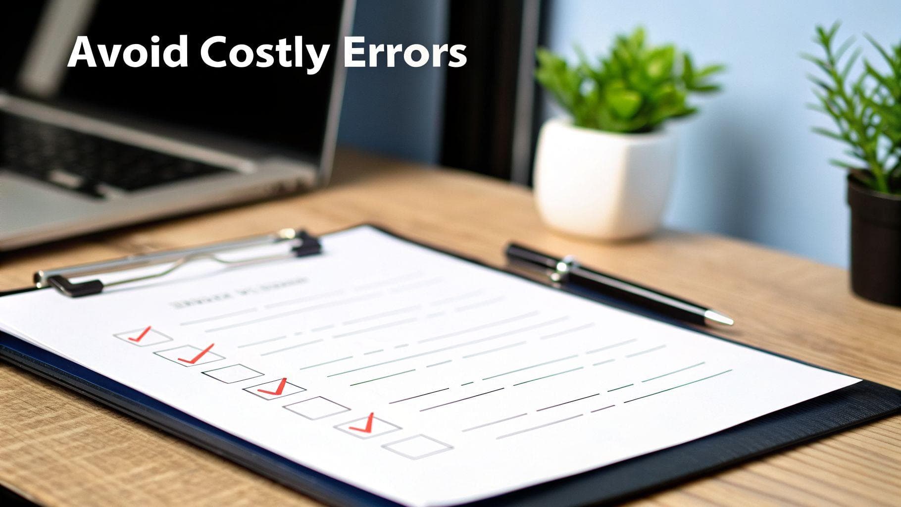 A detailed checklist with red checkmarks and a pen, on a desk with a laptop and plants, emphasizing error prevention.