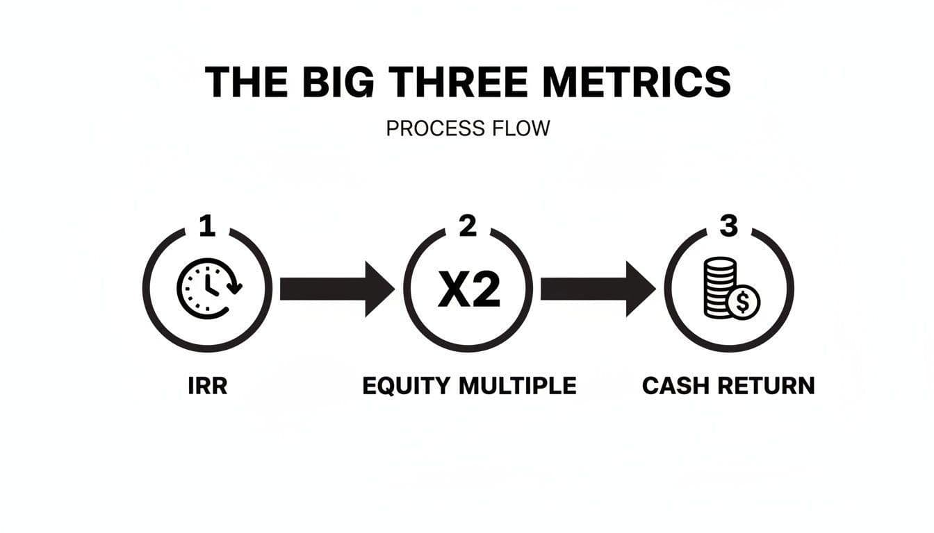 A process flow diagram illustrating the big three real estate investment metrics: IRR, Equity Multiple, and Cash Return.