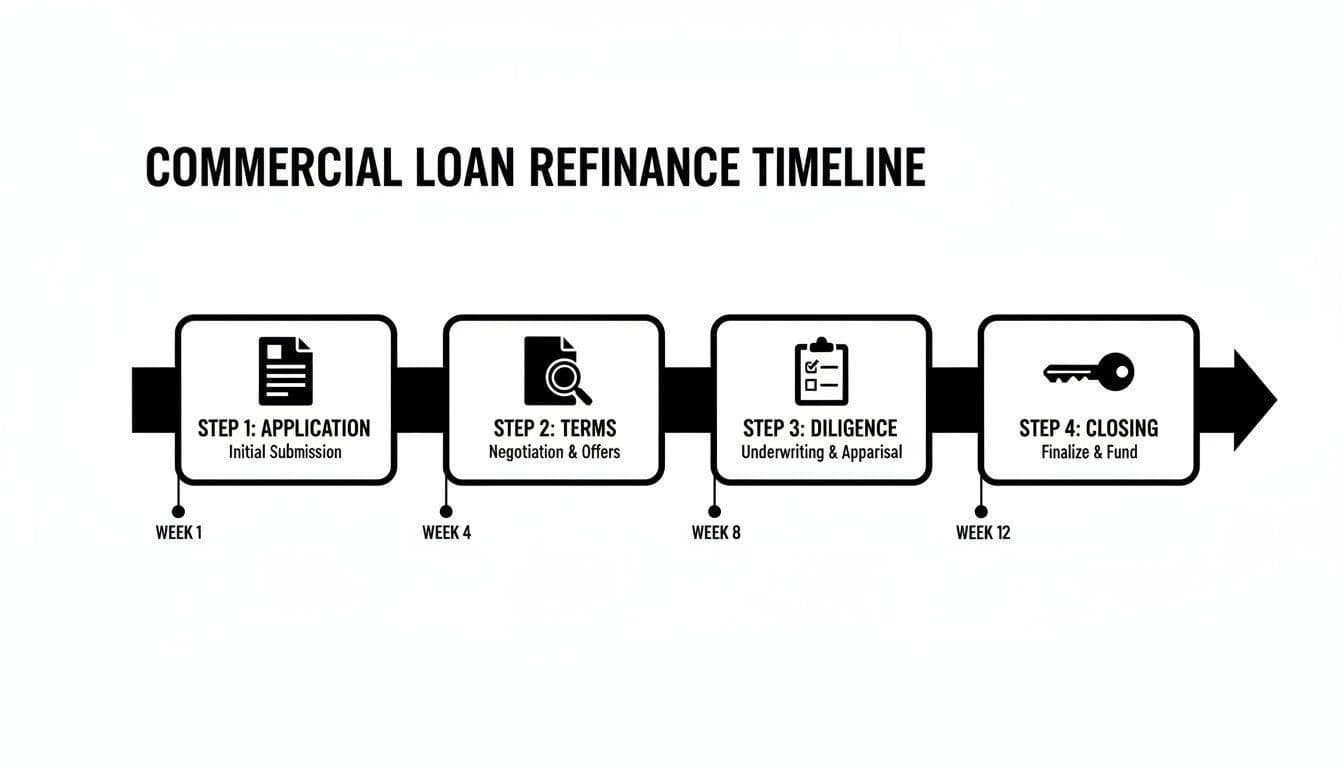 A commercial loan refinance timeline illustrating four key steps from application to closing, spanning 12 weeks.
