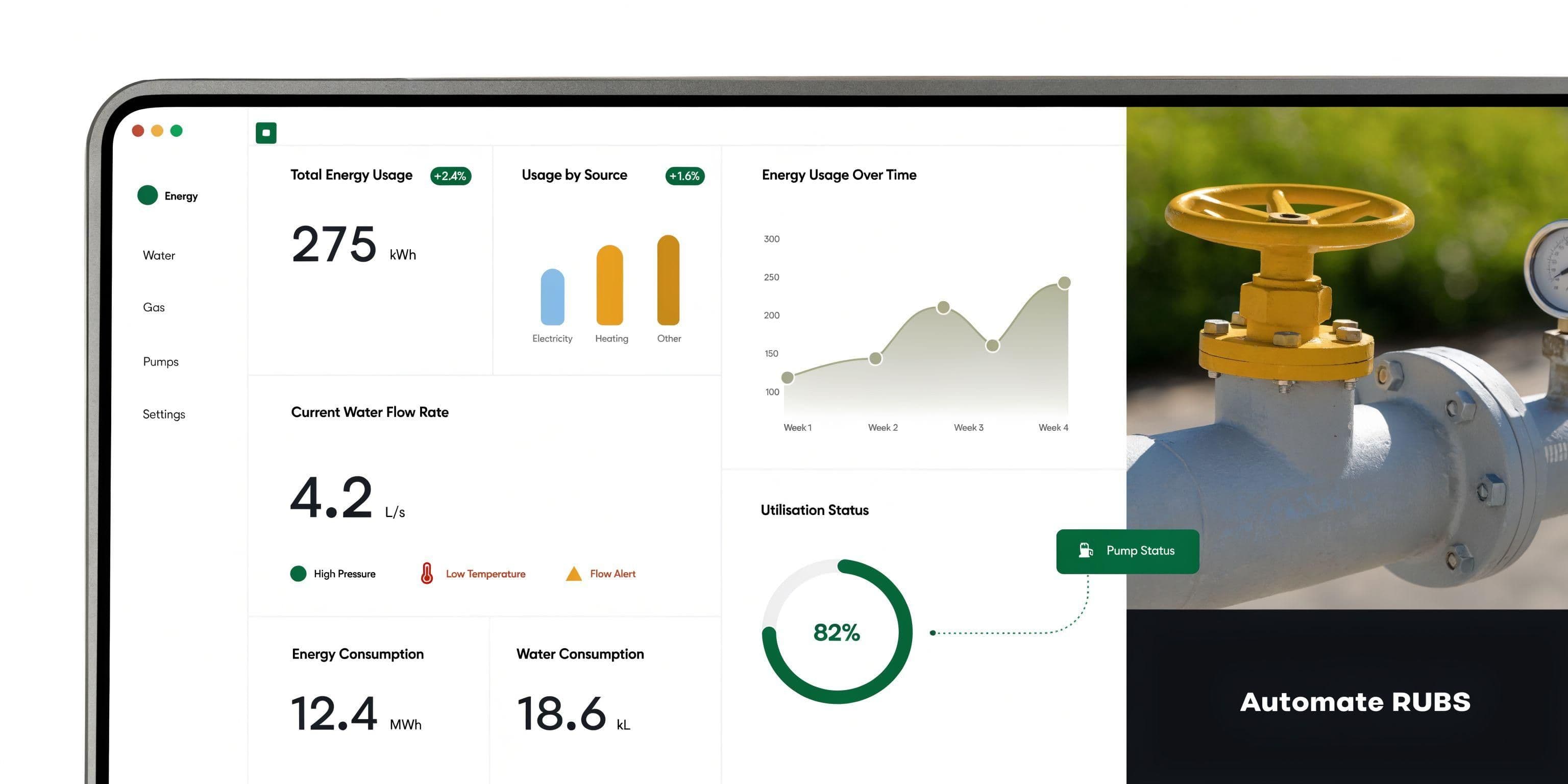 A digital dashboard showing energy and water consumption data, flow rates, and utility usage statistics on a screen.