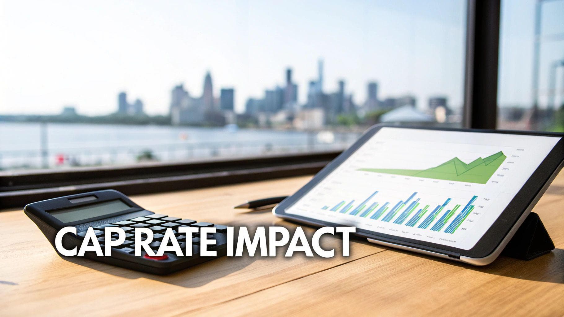 Calculator and tablet displaying financial graphs with 'CAP RATE IMPACT' text, overlooking a cityscape.