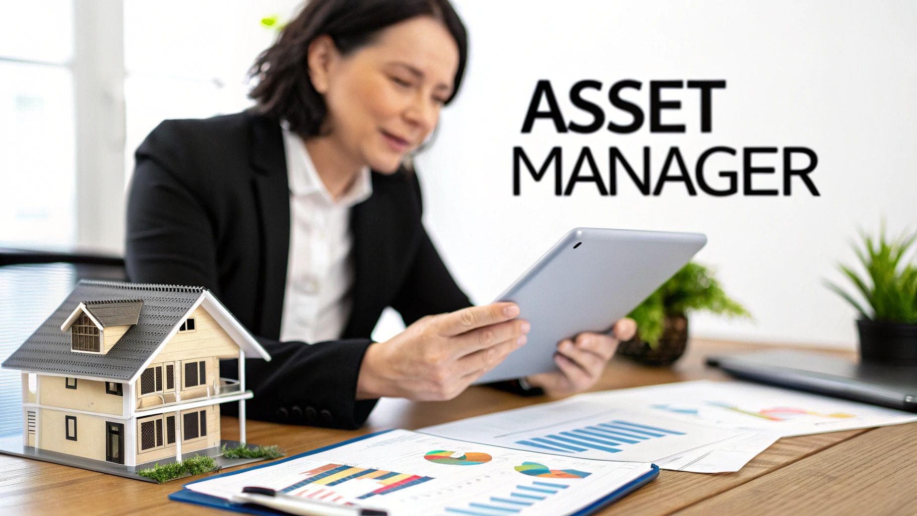 A female asset manager reviews real estate data on a tablet with a house model and charts.