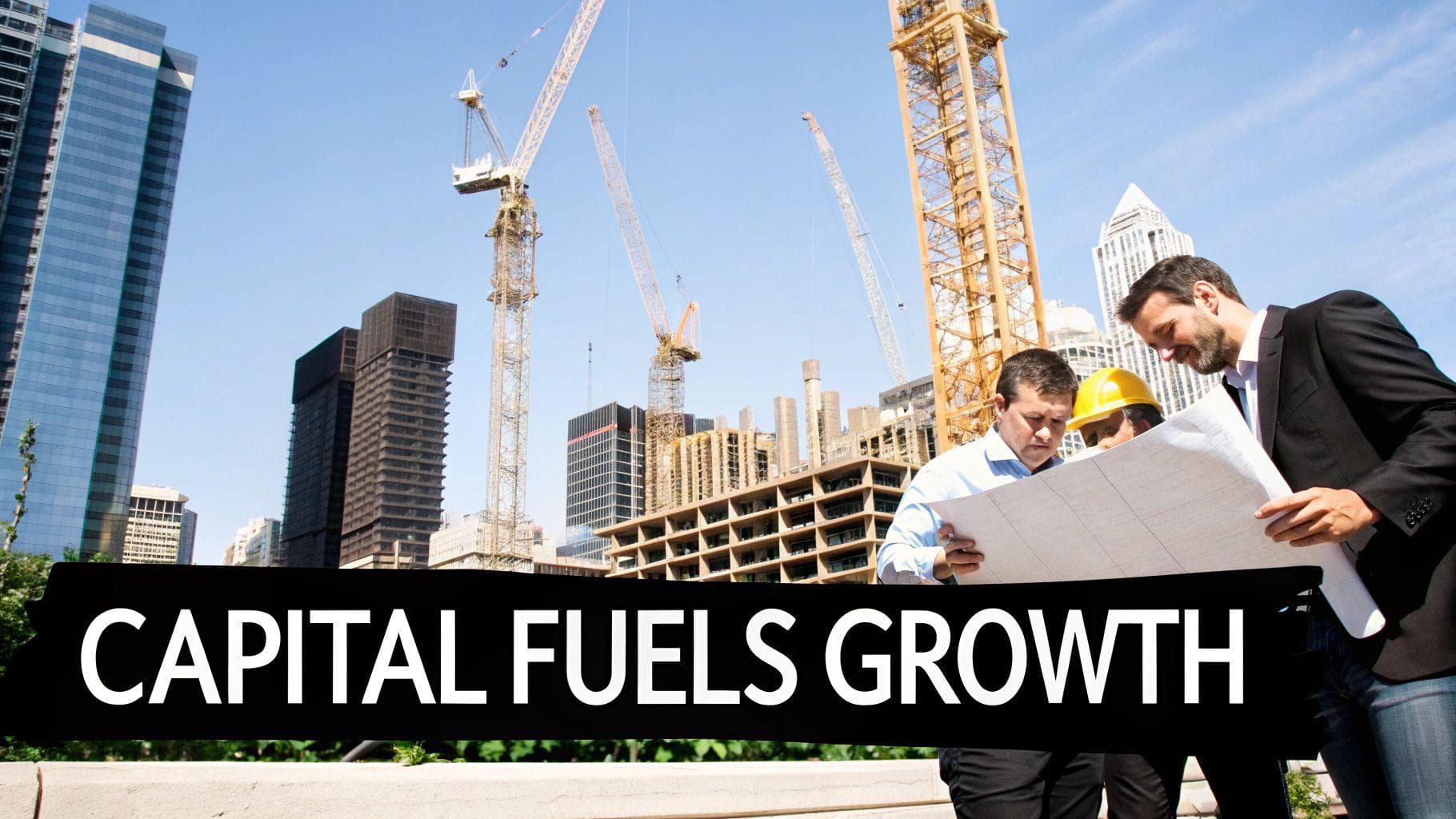 A modern cityscape with cranes, symbolizing the real estate market being fueled by investment.