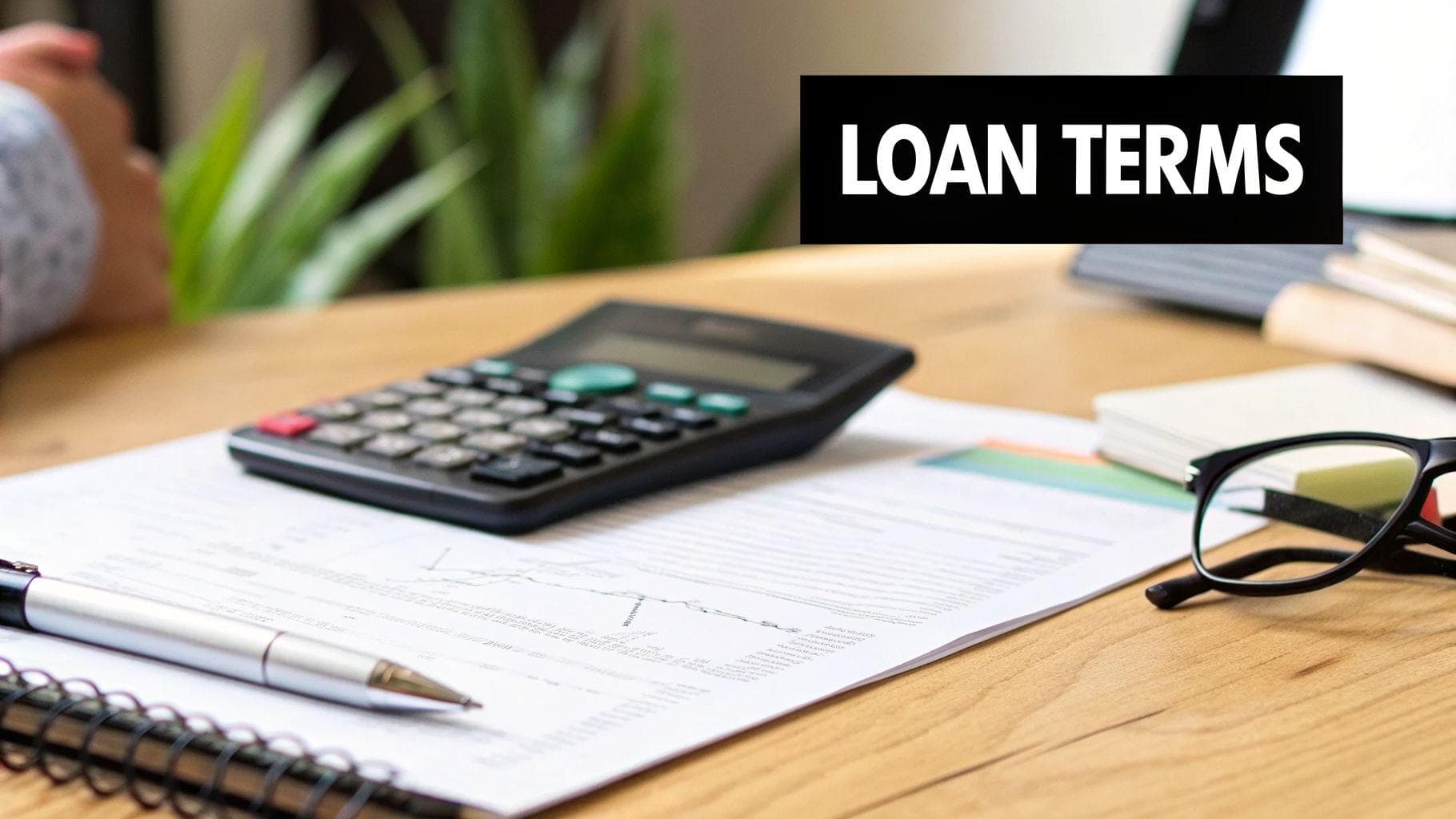 A calculator, financial documents, a pen, and glasses on a wooden desk, with a 'LOAN TERMS' sign.