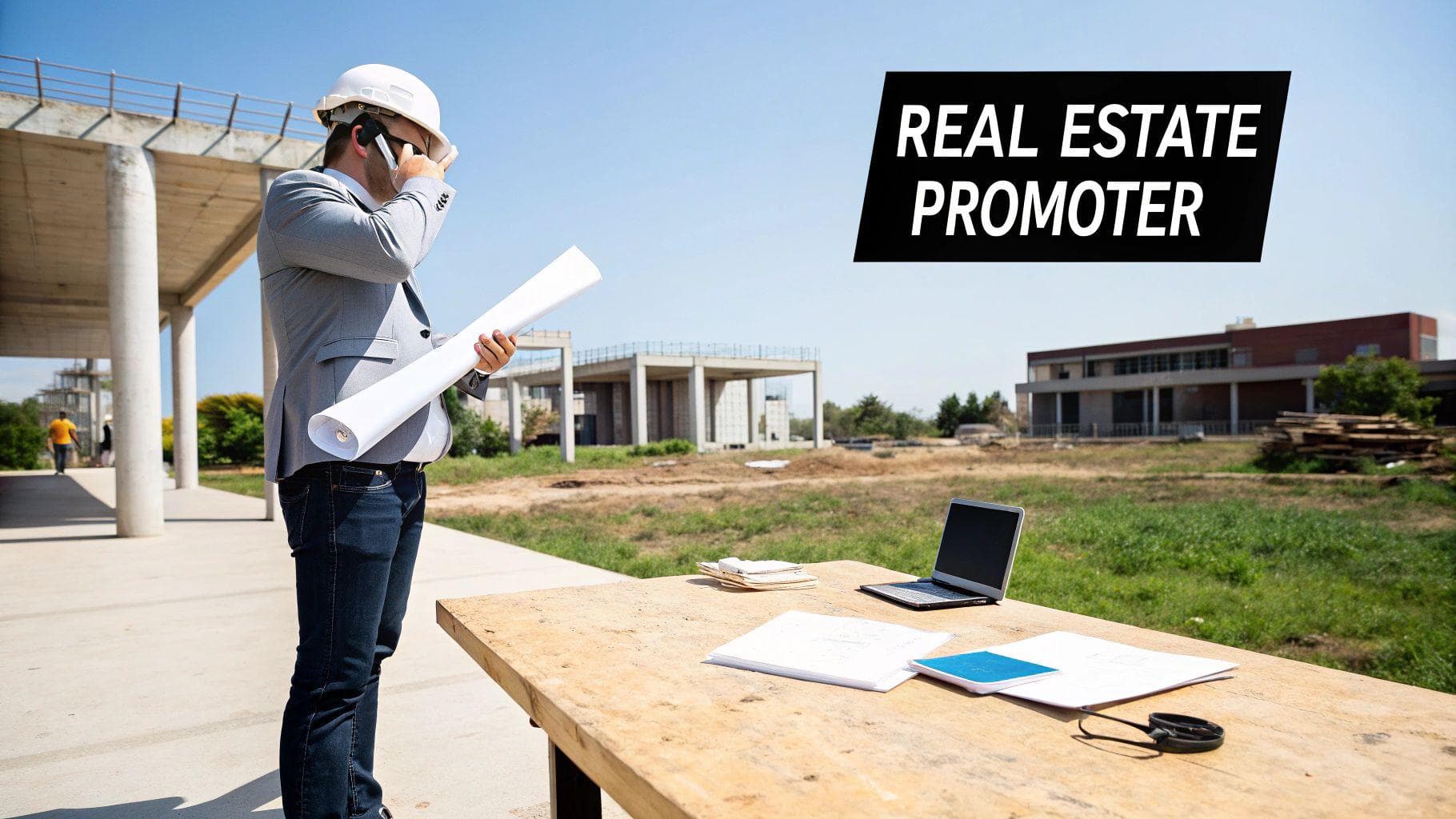 A real estate promoter on a construction site, talking on the phone with blueprints, laptop, and documents.