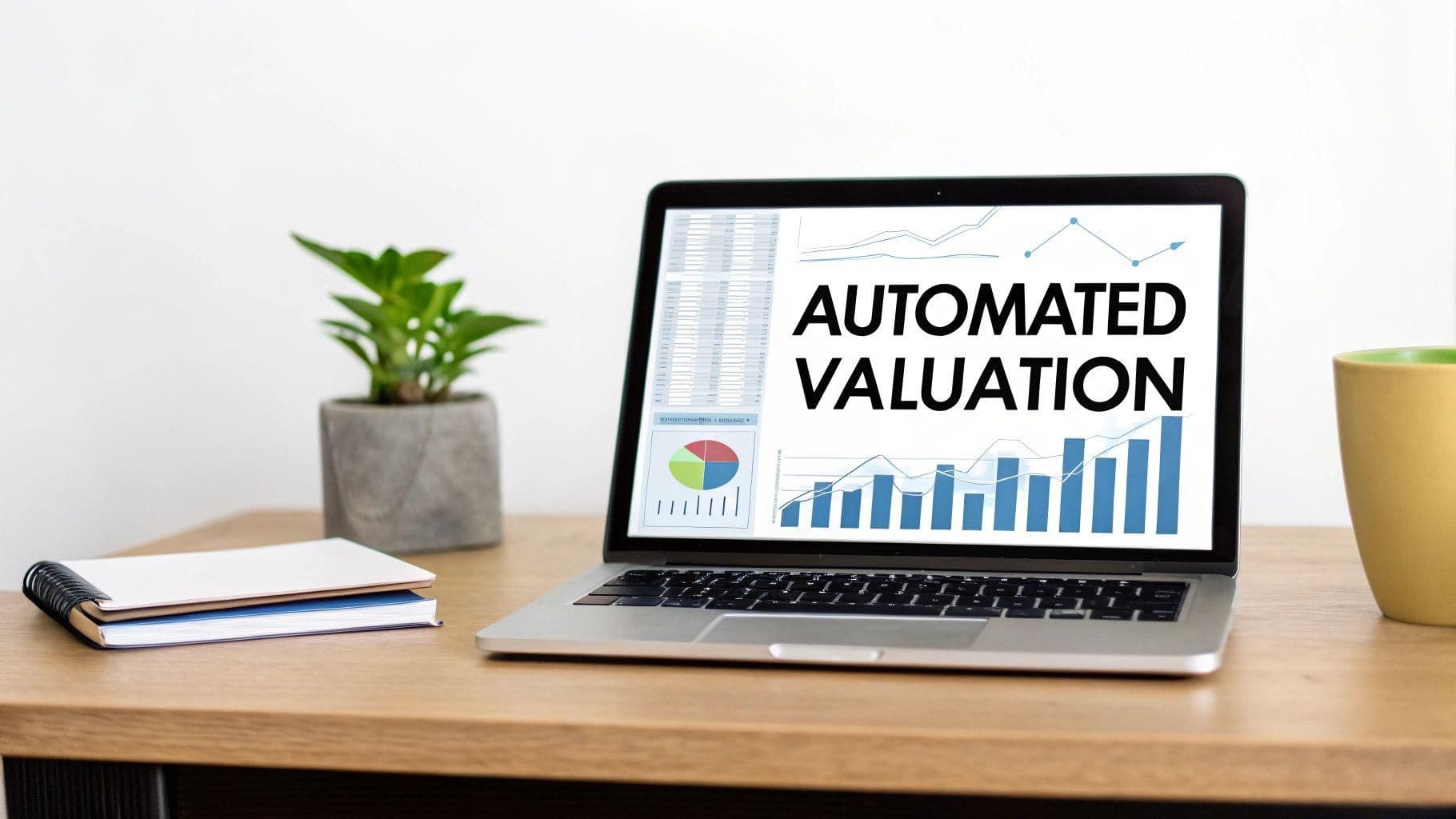 A person using a laptop with charts and property data on the screen, representing an AVM.