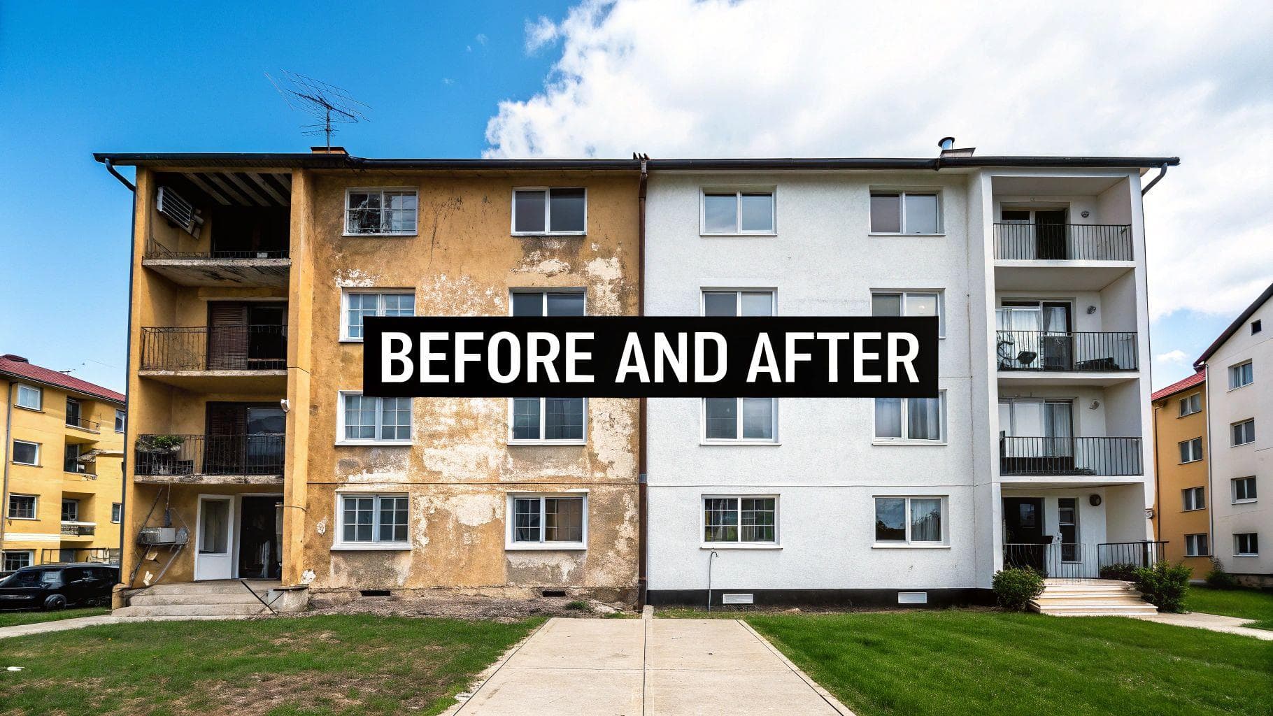 Split image shows a dilapidated yellow building before and a renovated white building after.