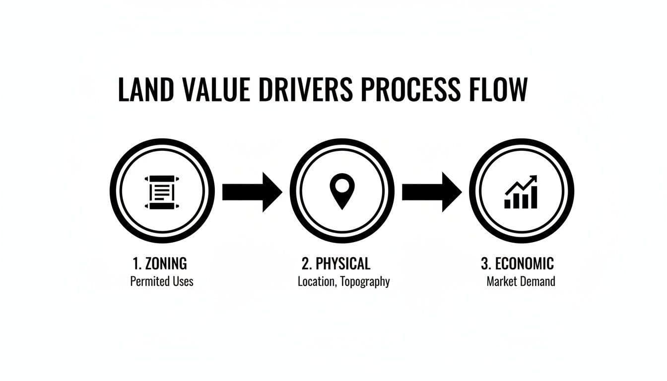A process flow diagram illustrating land value drivers: zoning, physical attributes, and economic demand.