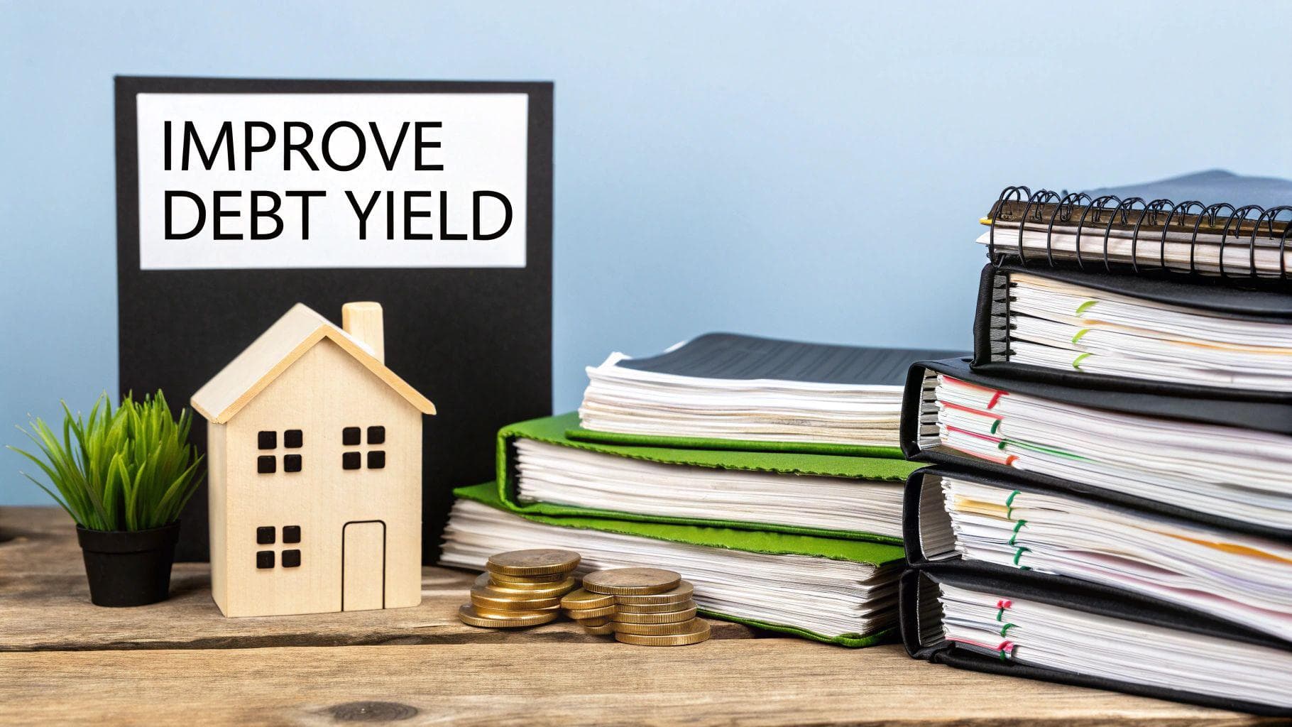 A wooden house, stacks of coins, and financial binders on a desk, with a sign reading 'IMPROVE DEBT YIELD'.