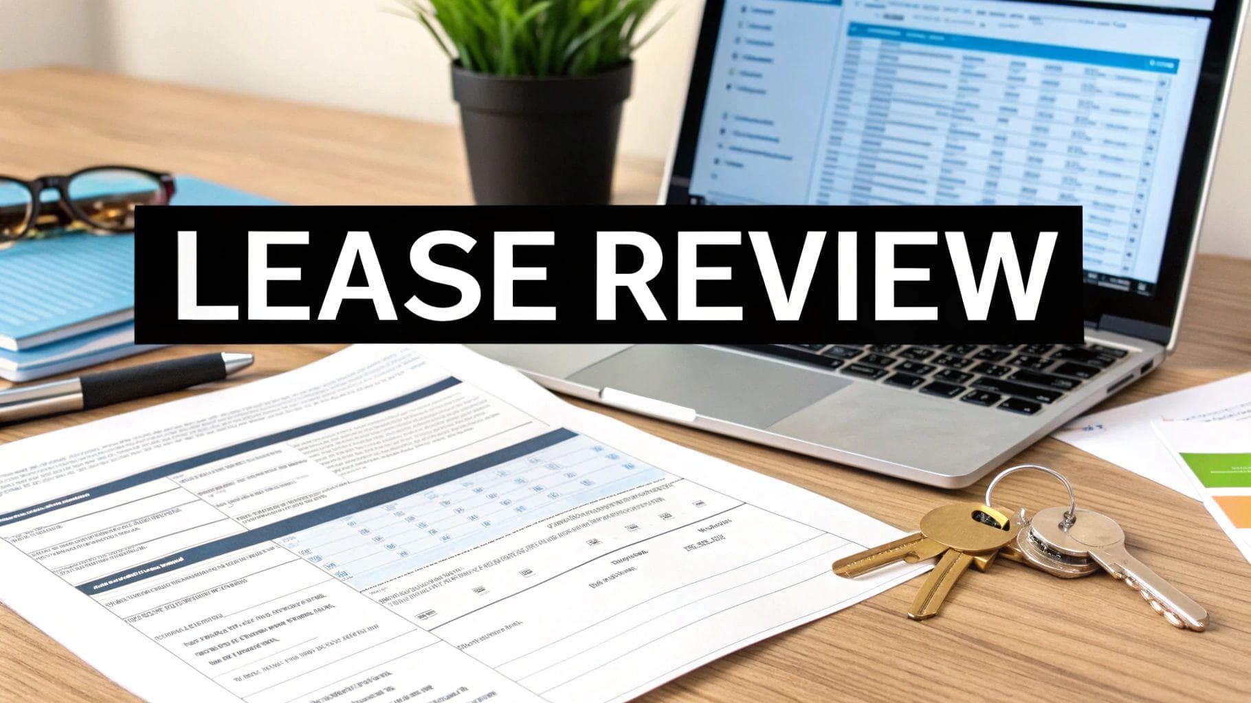 A desk with lease documents, a laptop, house keys, and glasses, with 'LEASE REVIEW' text overlay.