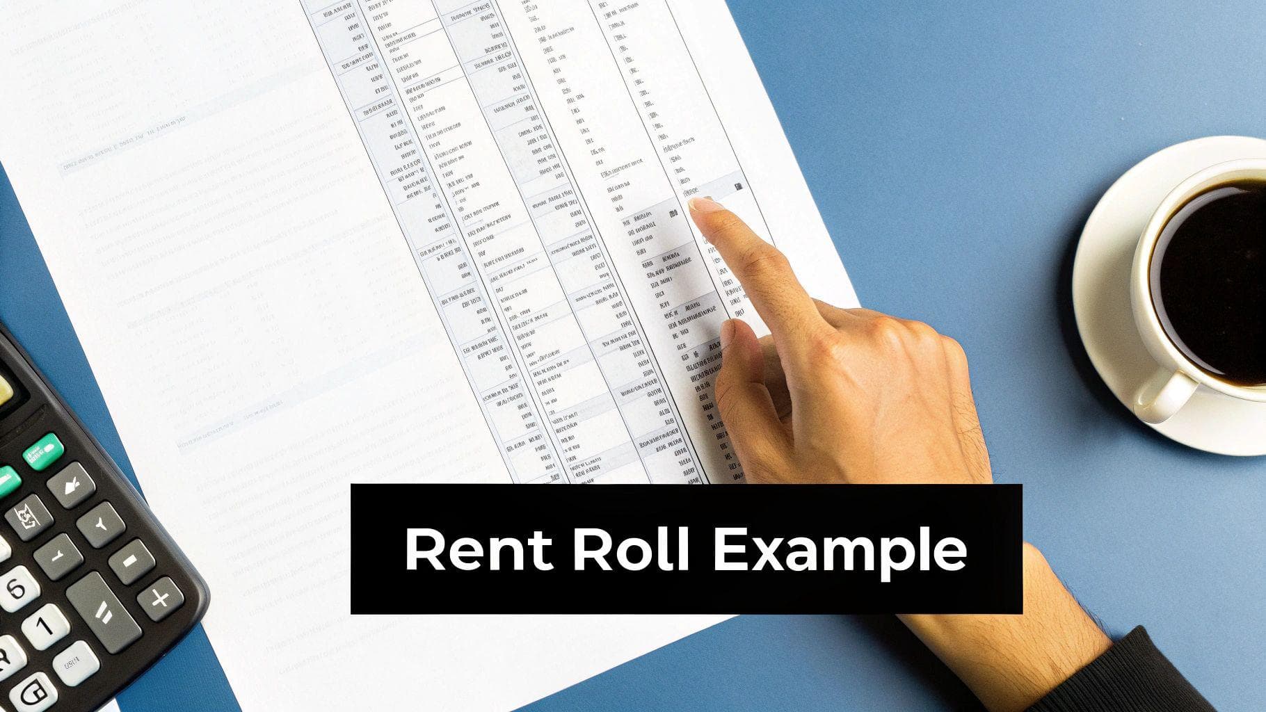 A person's hand points to a detailed rent roll document with a calculator and coffee on a blue desk.