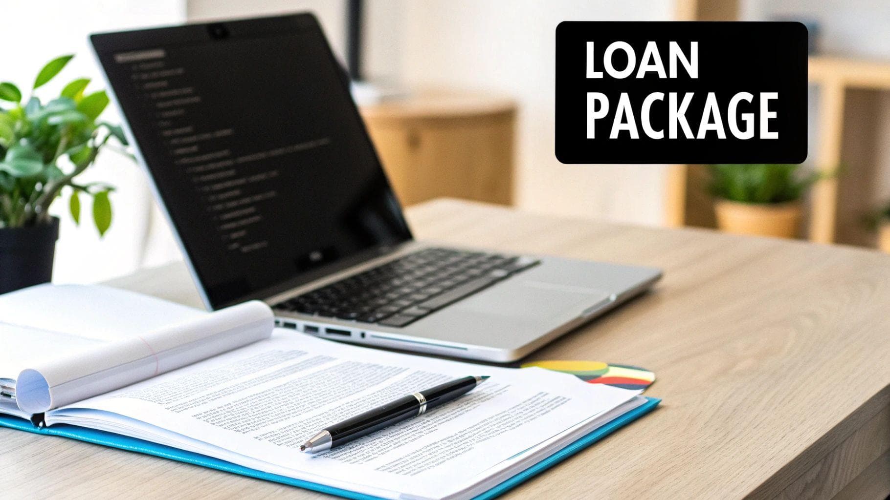 A "LOAN PACKAGE" sign above a desk with a laptop, documents, and a pen, for financial planning.