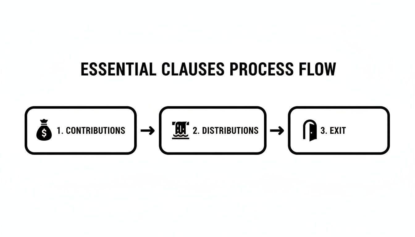 Diagram illustrating the essential clauses process flow, including contributions, distributions, and exit.