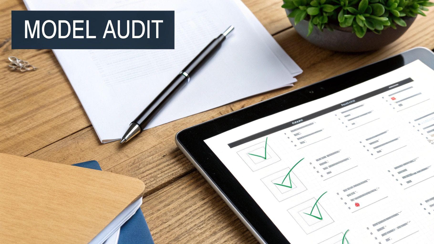 A desk with a tablet displaying a model audit checklist, a pen, and documents.
