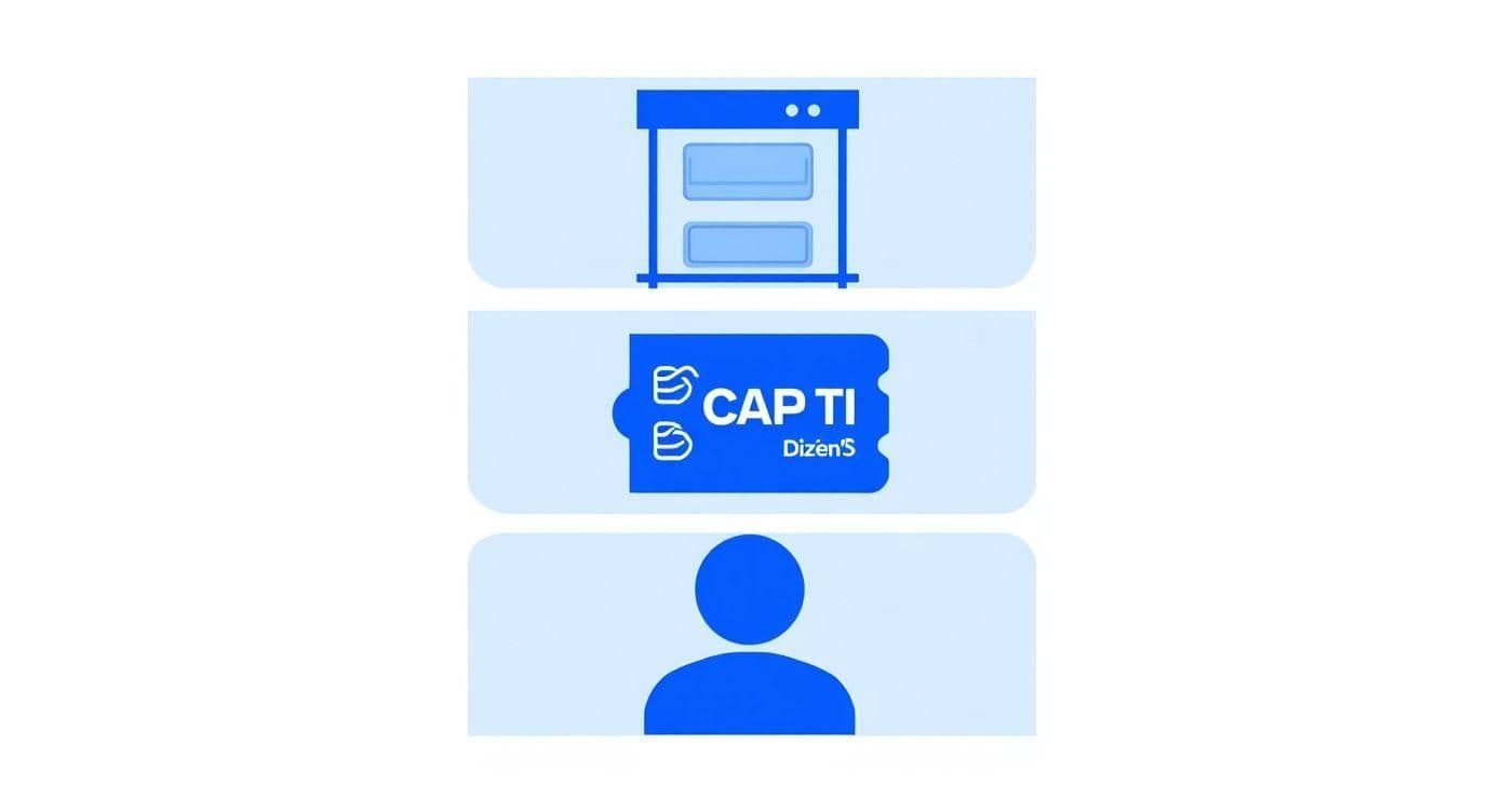 Blue and white business card design showing browser window, CAPTI branding, and user profile icon