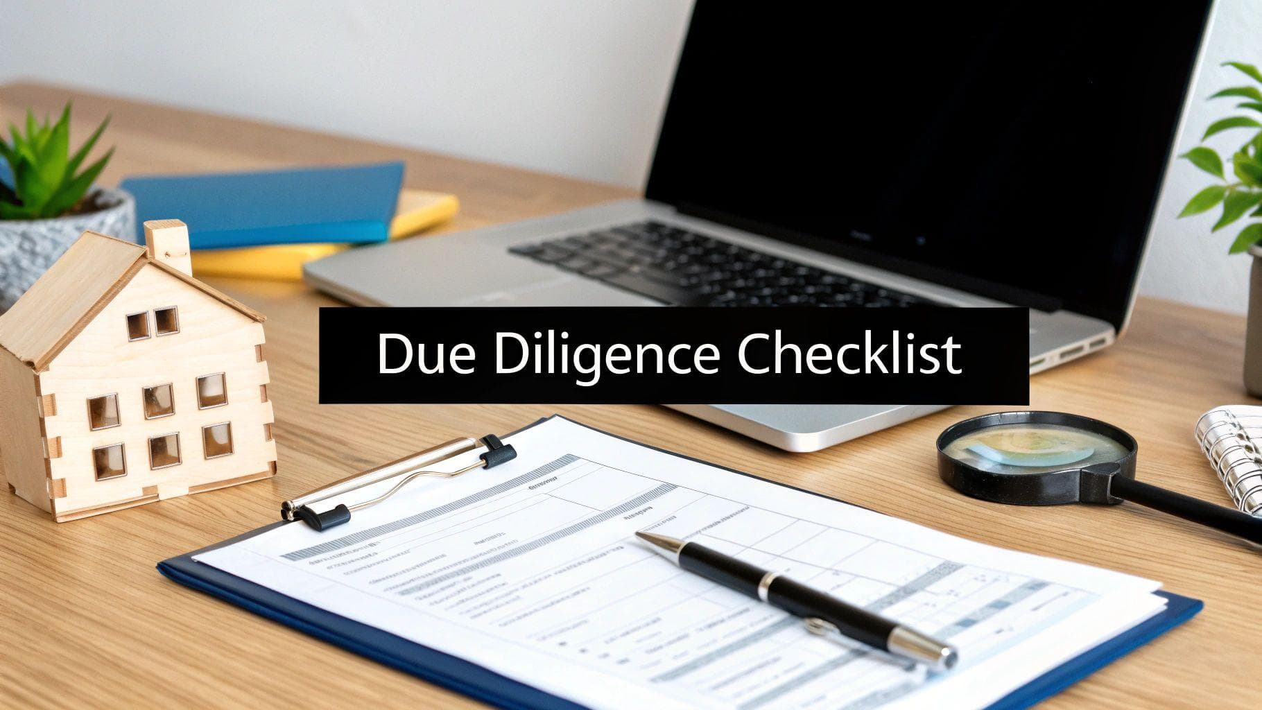 Desk with a wooden house model, laptop, documents, pen, and 'Due Diligence Checklist' banner.