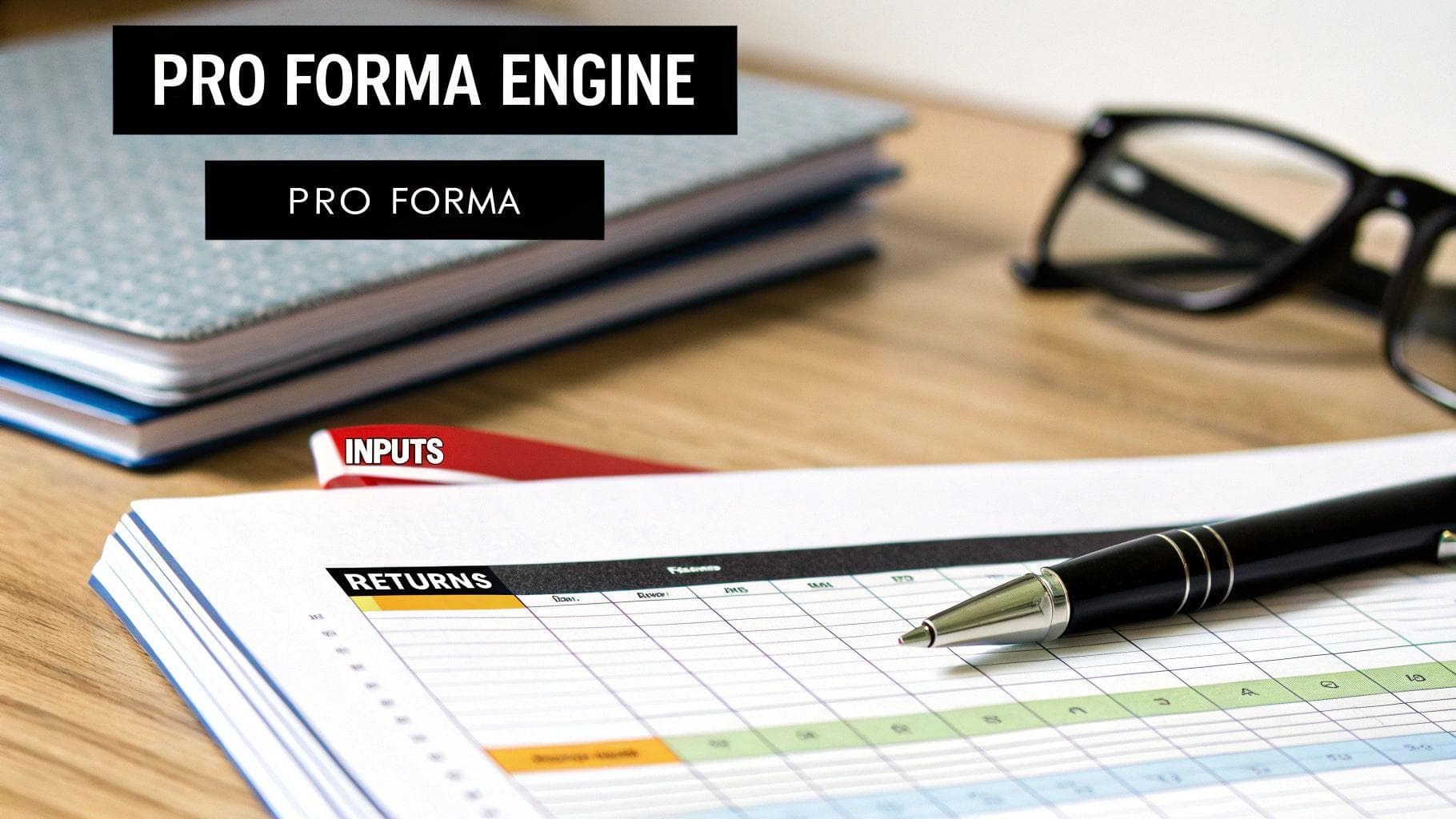 Close-up of financial documents, a pen, and glasses on a desk, with 'PRO FORMA ENGINE' text.