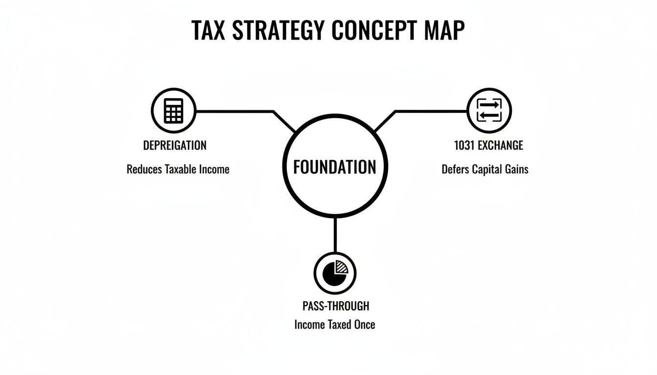 Tax strategy concept map illustrating foundation, depreciation to reduce income, 1031 exchange for deferred gains, and pass-through taxation.