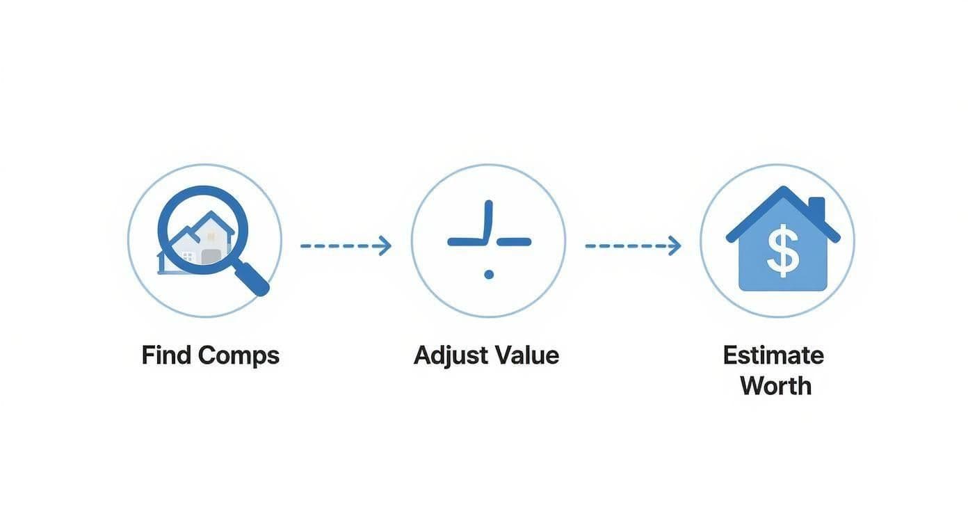 An infographic illustrating a three-step valuation process: finding comps, adjusting value, and estimating worth.