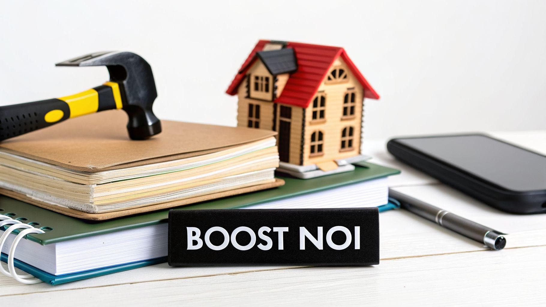 A hammer, house model, and 'BOOST NOI' sign on books with a phone, illustrating property finance strategies.