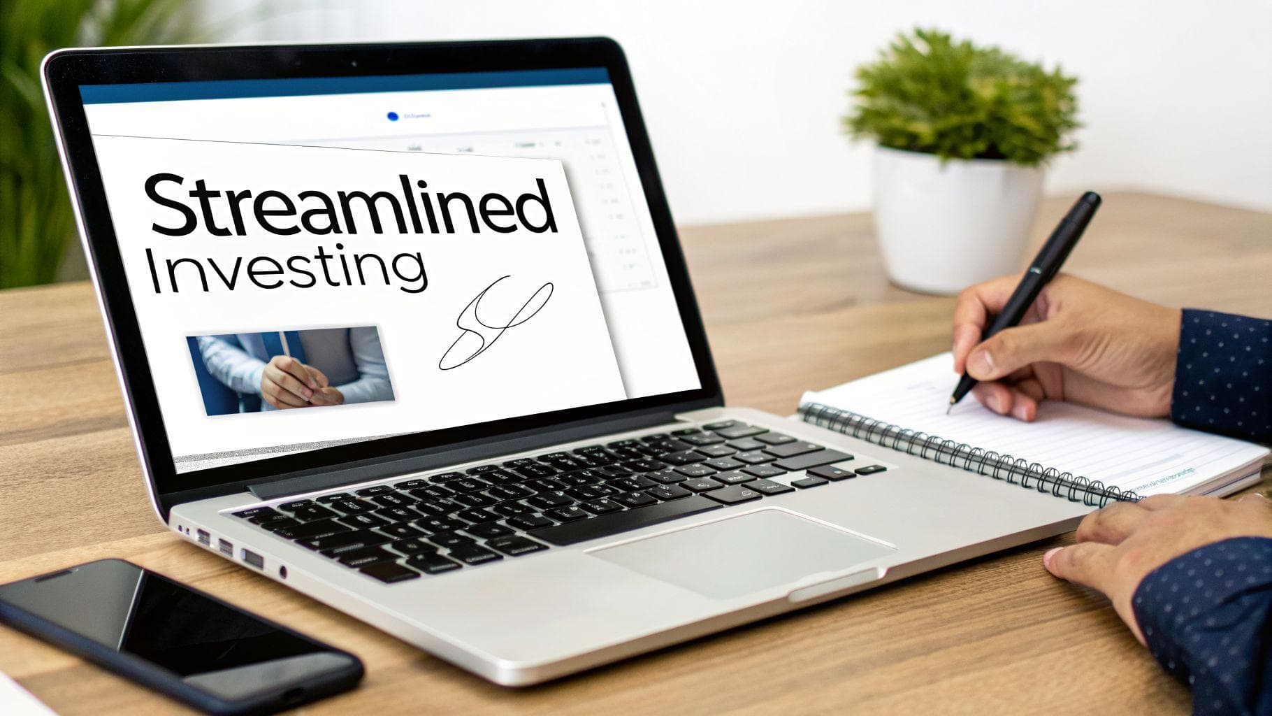 A person writing notes in a spiral notebook next to a laptop displaying 'Streamlined Investing'.