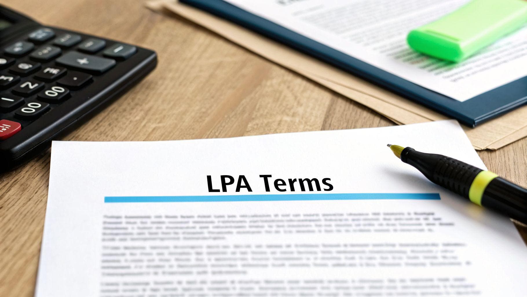 Close-up of a document titled 'LPA Terms' with a pen, calculator, and other papers on a wooden desk.