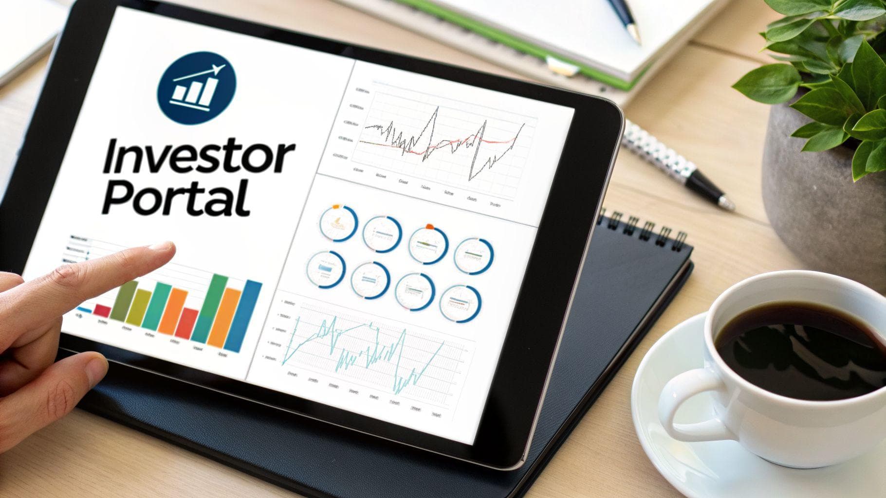 Hand interacting with a tablet displaying an 'Investor Portal' dashboard with financial charts and data.