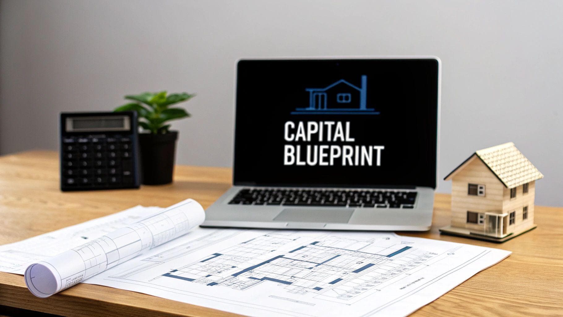 Architectural blueprints, a laptop displaying 'CAPITAL BLUEPRINT', a house model, and a calculator on a desk.
