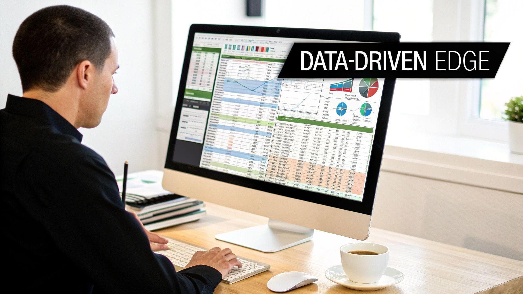A man analyzing real estate financial data on a computer screen, emphasizing data-driven insights.