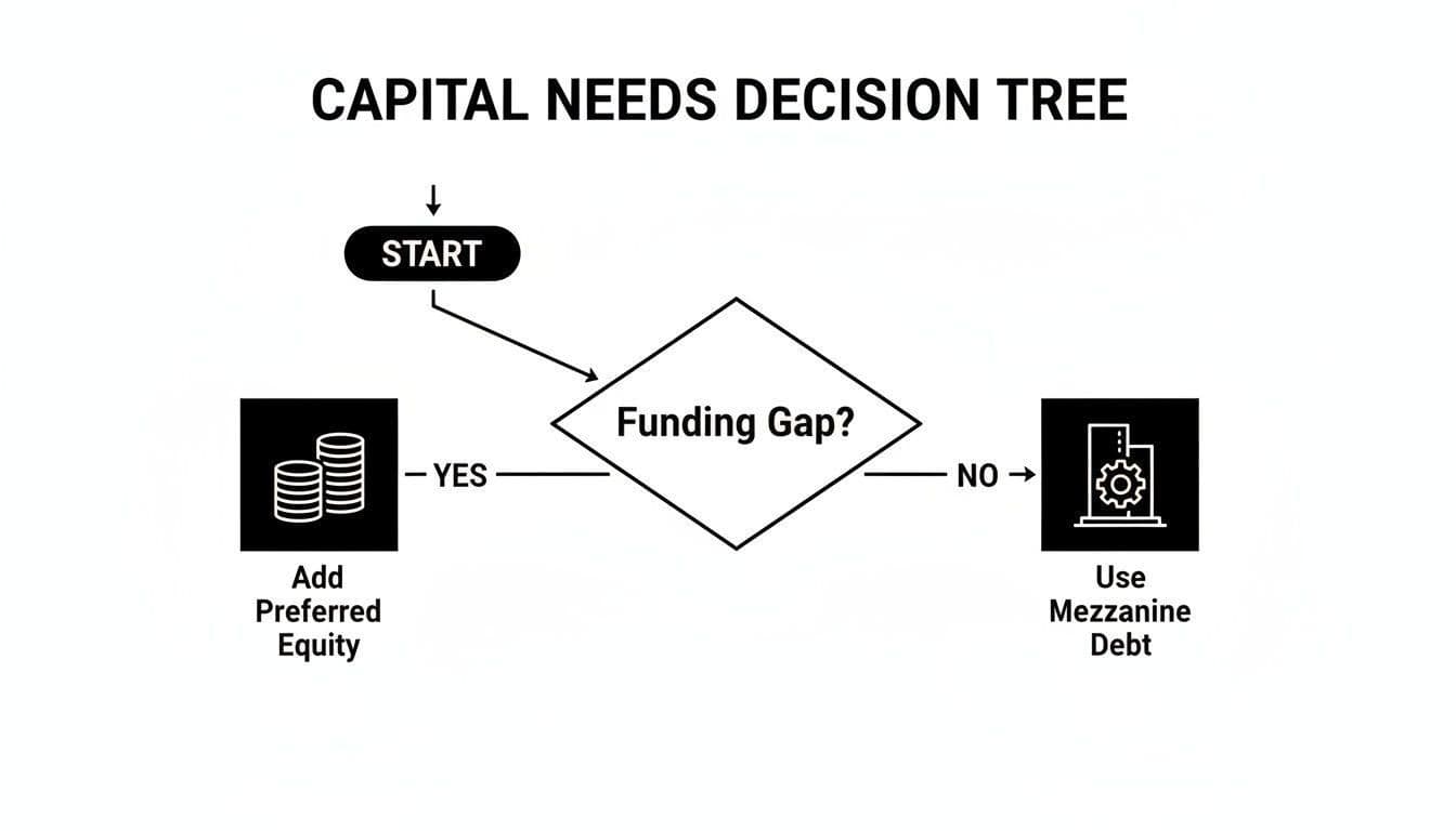 A decision tree for capital needs, guiding choices between preferred equity and mezzanine debt based on funding gaps.