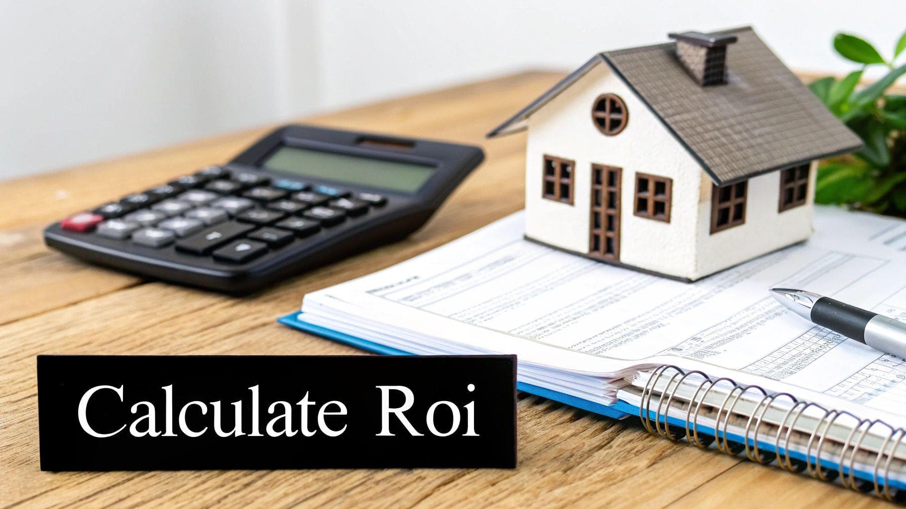 A calculator, miniature house model, documents, and pen on a wooden table with a sign 'Calculate Roi'.