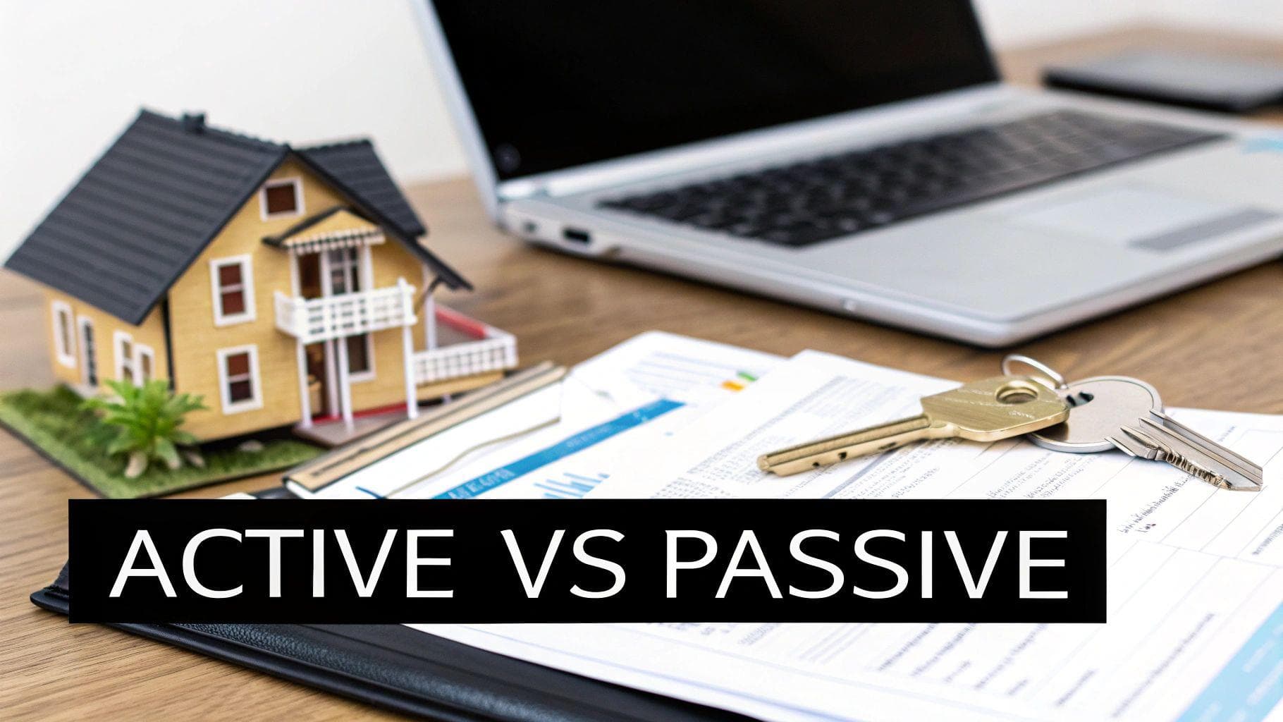 Desk with a model house, laptop, papers, keys, and "ACTIVE VS PASSIVE" overlay, symbolizing investment decisions.