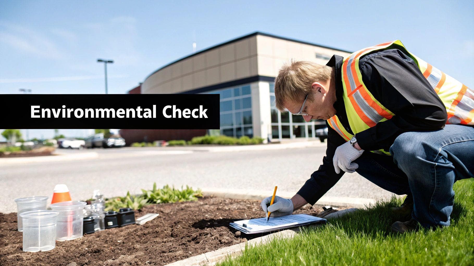 A man in a safety vest and gloves performs an environmental check, taking notes on a clipboard near soil samples.