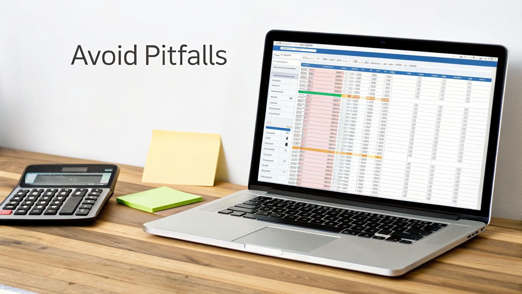 A laptop displays a financial spreadsheet with a calculator and sticky notes on a wooden desk, symbolizing financial analysis.
