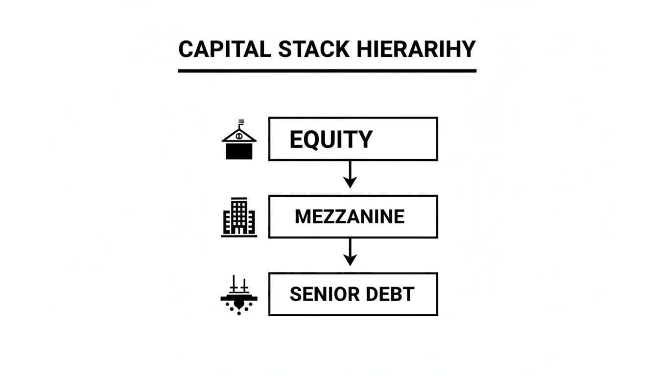 Capital stack hierarchy diagram illustrating Equity, Mezzanine, and Senior Debt with respective icons.