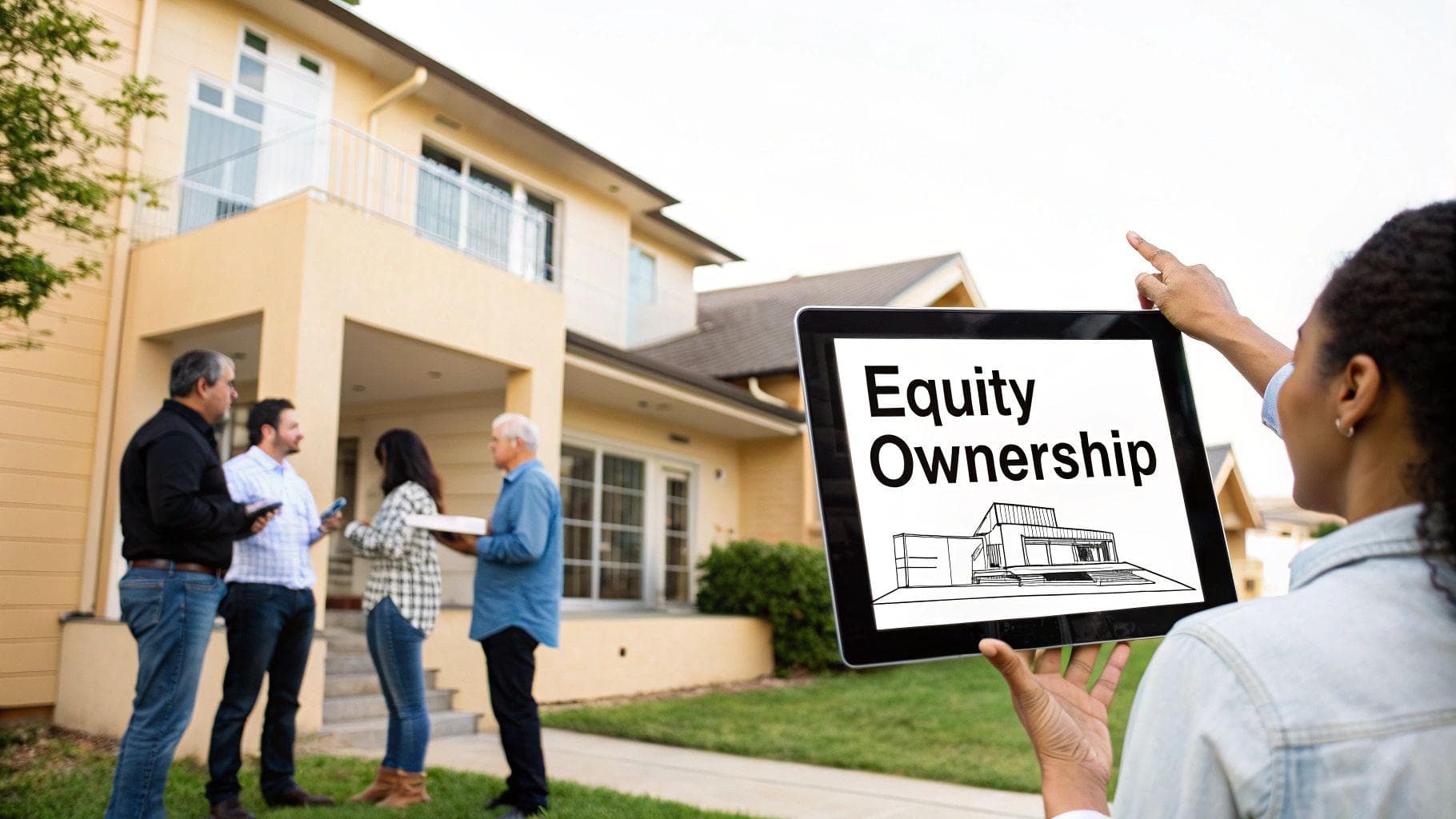 A group discusses real estate outside a house, while a tablet displays 'Equity Ownership' and a house sketch.