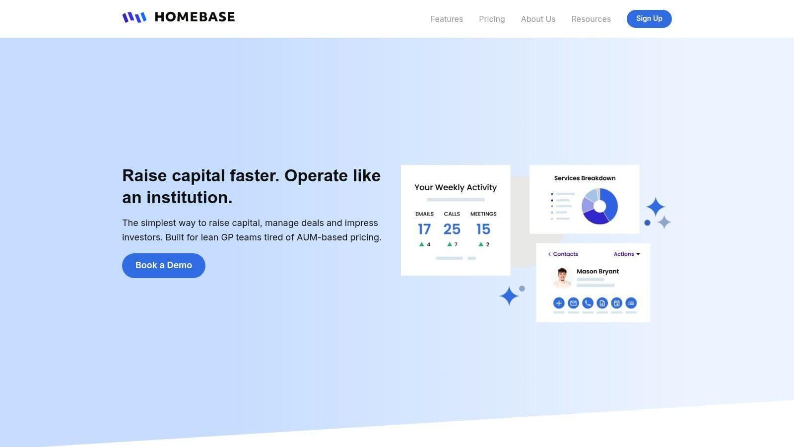 Homebase deal management dashboard showing key metrics like capital committed and investor engagement.