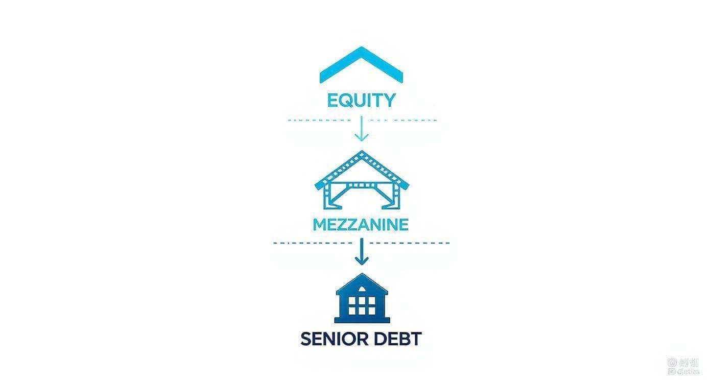 Diagram showing hierarchy of real estate financing from equity through mezzanine to senior debt levels