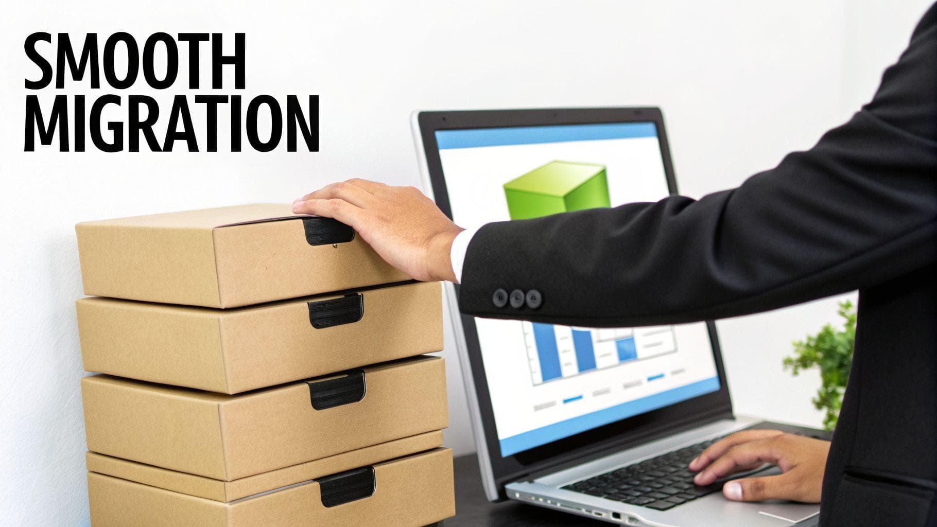Person in a suit working on a laptop displaying charts, next to stacked data migration boxes, with 'Smooth Migration' text.