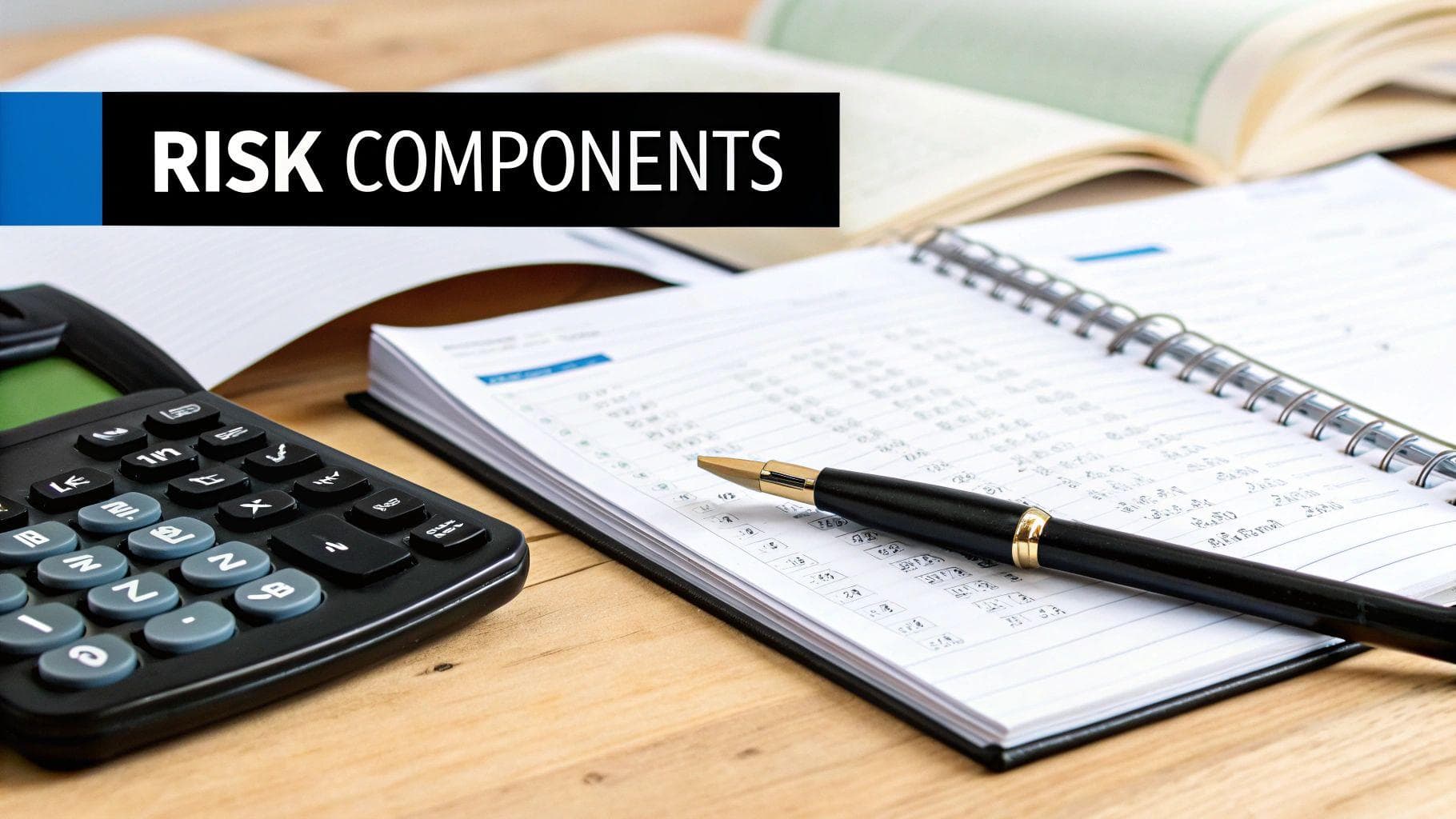 A calculator, pen, and notebook with 'RISK COMPONENTS' text, symbolizing financial analysis.