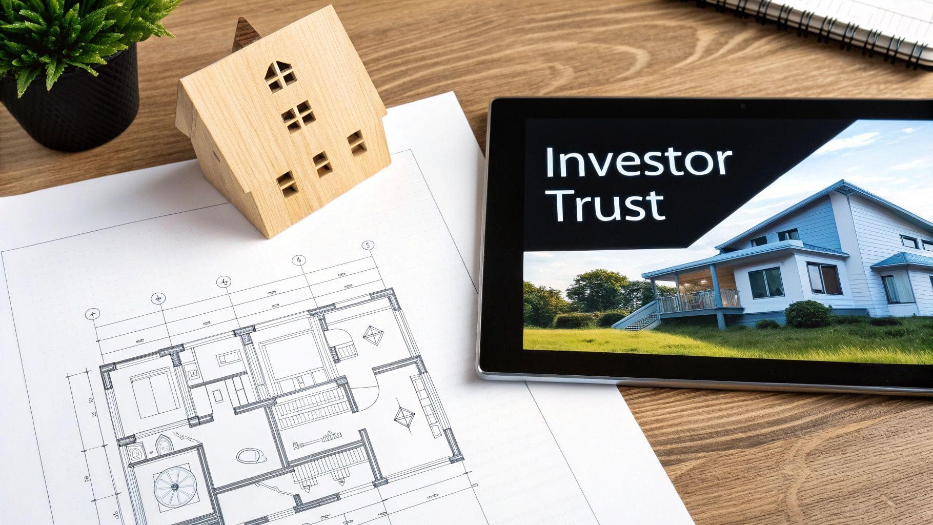 A tabletop with architectural blueprints, a small wooden house model, and a tablet showing 'Investor Trust' with a modern house.