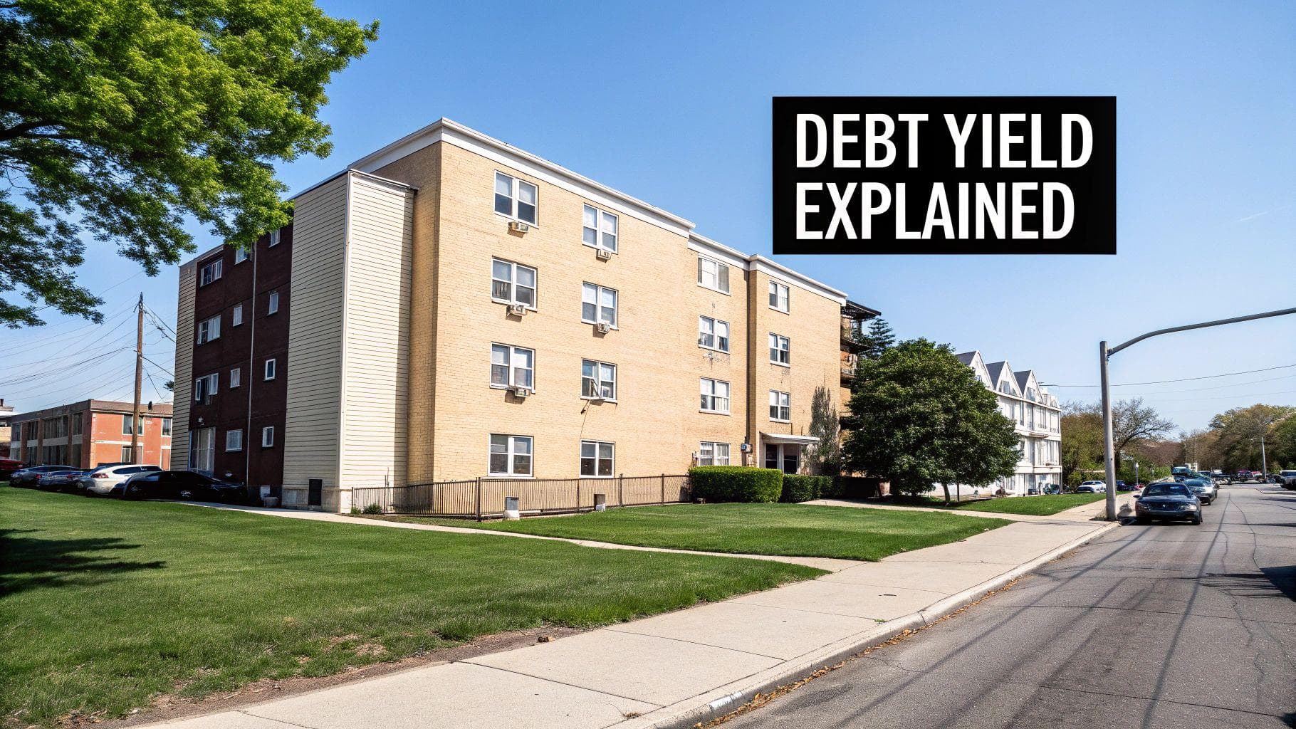 A multi-story apartment building with green grass and a street, featuring text 'DEBT YIELD EXPLAINED'.