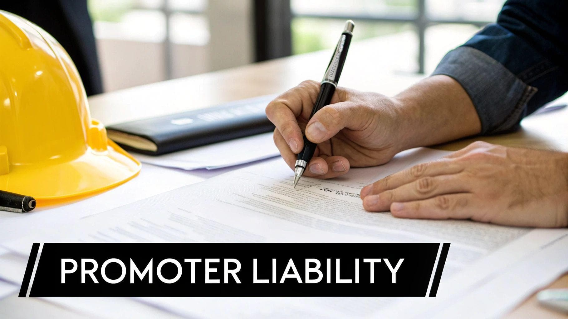 A person signs a legal document on a table with a yellow hard hat nearby, showing 'PROMOTER LIABILITY' text.