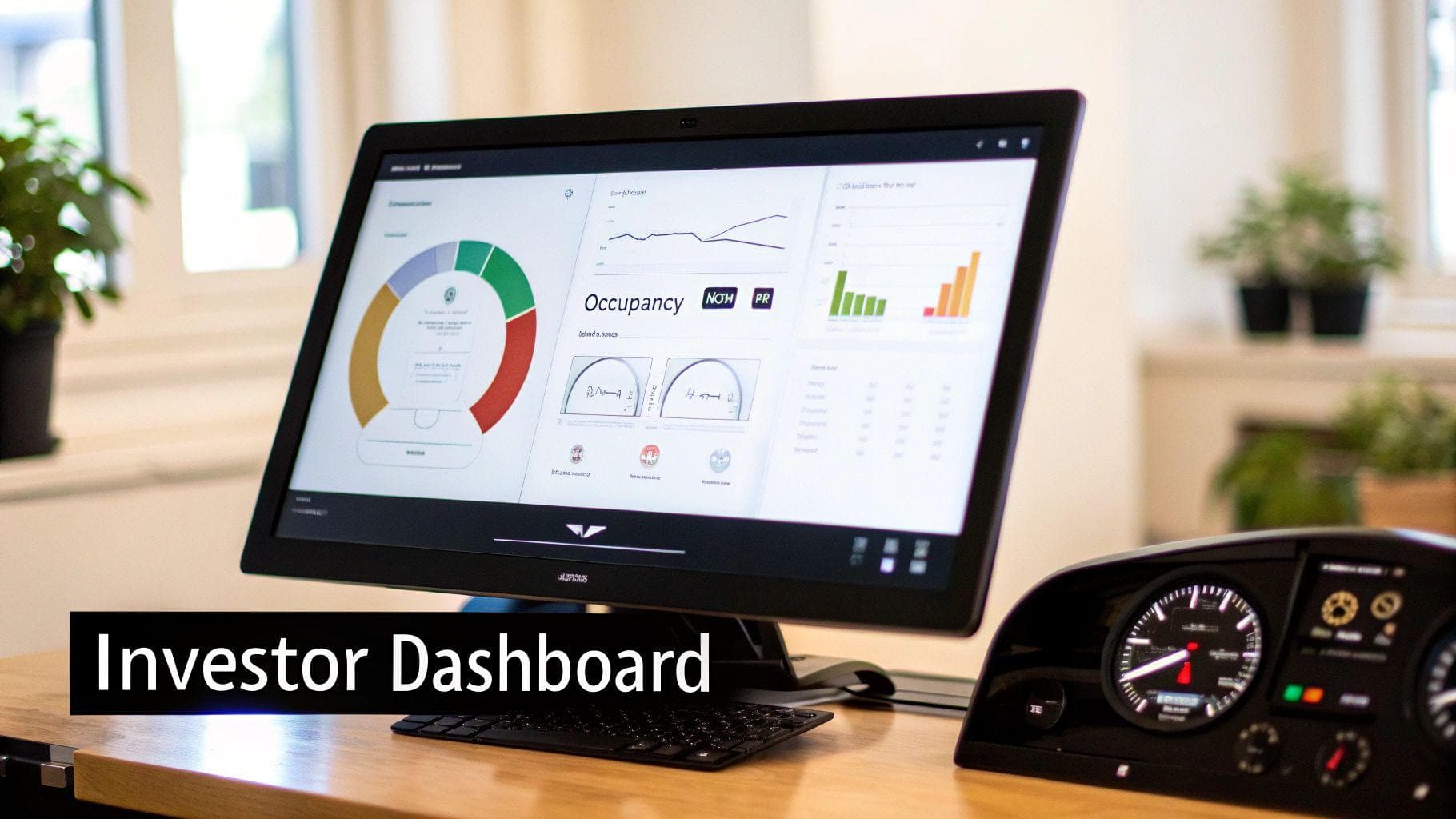 A computer monitor displays an investor dashboard with financial data, occupancy rates, and analytics.